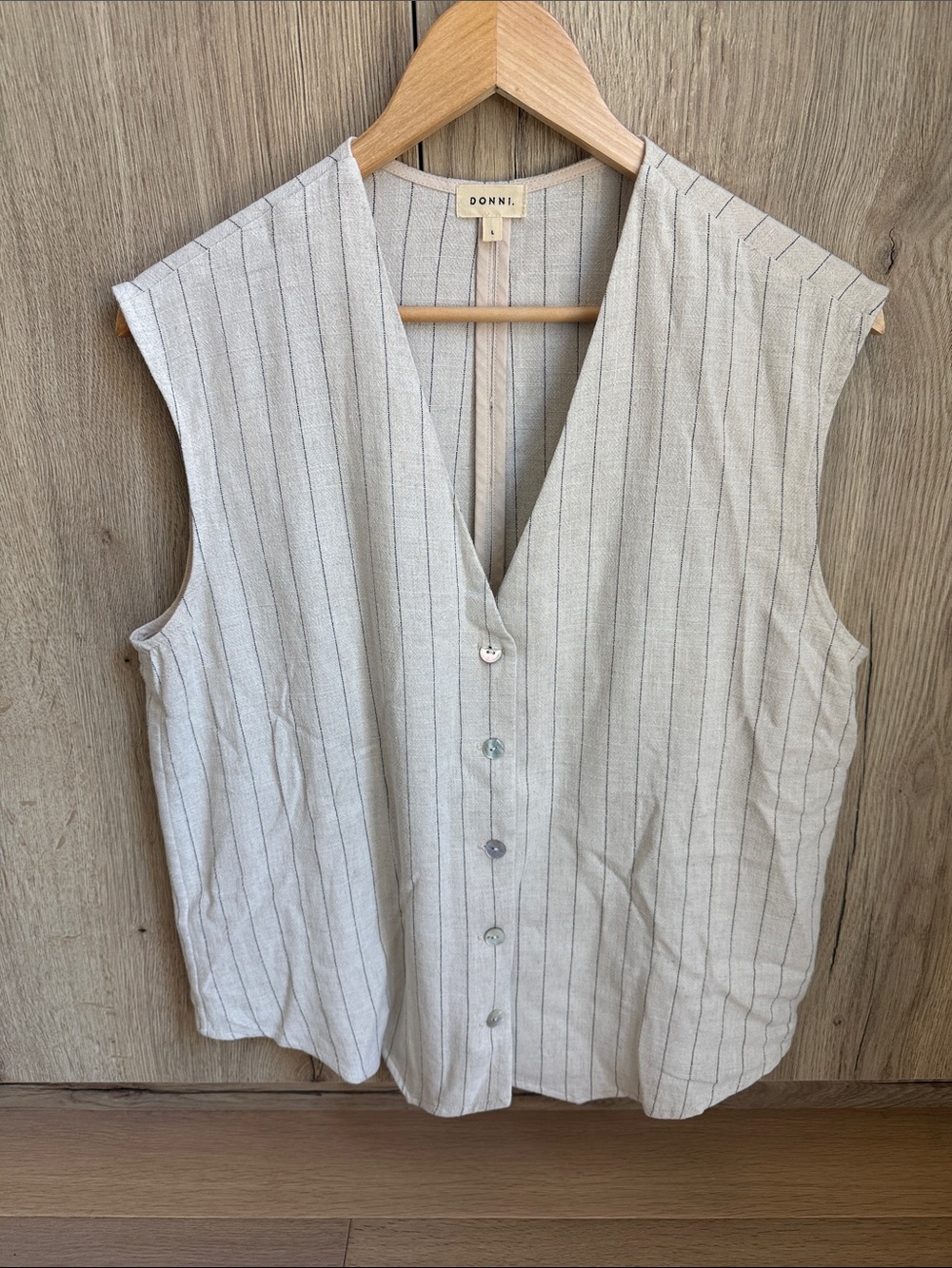 DONNI. Cream Pinstripe Sleeveless Button V-Neck Top